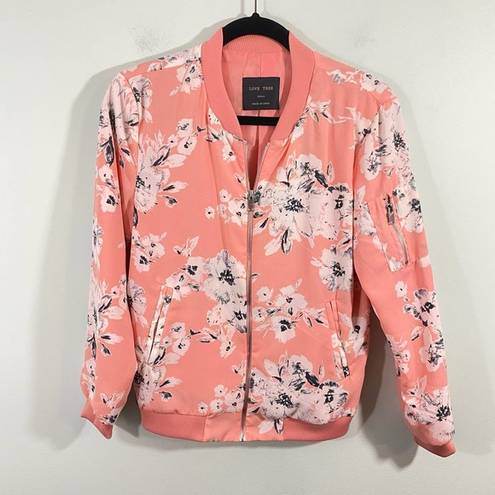 Love Tree  Women's Pink Floral Full Zip Bomber Jacket Size S