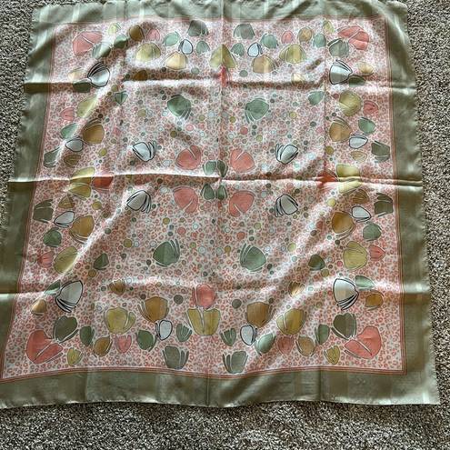 Vintage Bessi Style Silk Scarf Leaves Floral Pink Orange Silk Scarf Leaf Flower