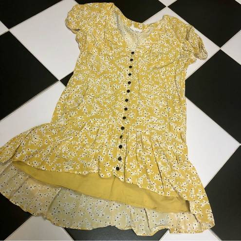 Wish Golden Bloom Floral Short Sleeve Dress V-Neck Ruffle Hem Mustard Yellow szL