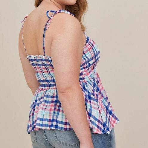 Torrid NEW NWT  2 Plus Size Peplum Smocked Bodice Cami Crinkle Gauze Plaid White