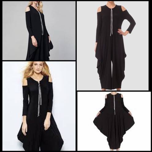 Joseph Ribkoff  Harem Drape Cold Shoulder Zip Up Chic Black Jumpsuit Size 8