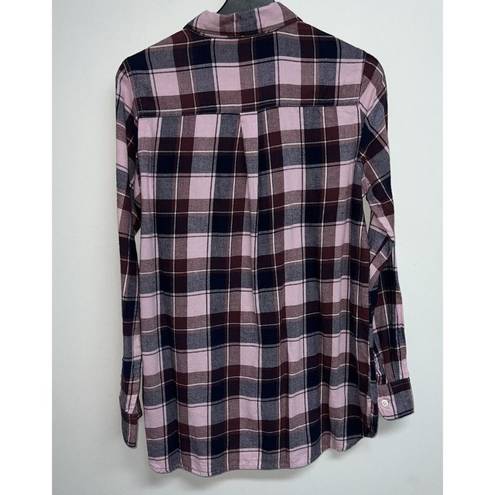 Old Navy  The Tunic Flannel  Shirt Womens Size M Pink Maroon Navy Blue Plaid L/S