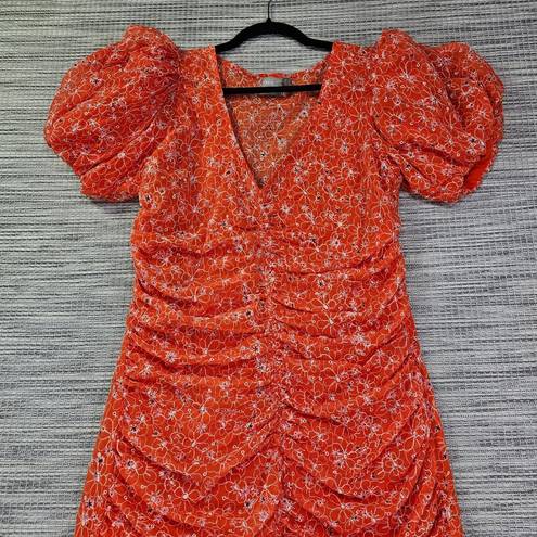 ASOS  Design Womens 10 Orange Ruched Maxi Dress Floral Embroidery Puff Sleeves