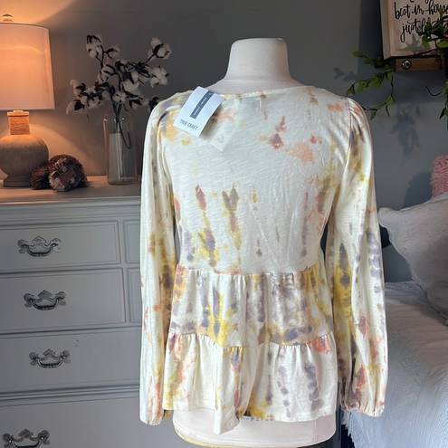 True Craft Ivory Tie Dye Tiered Top  Long Sleeve Cotton Blend Flowy Womens Medium