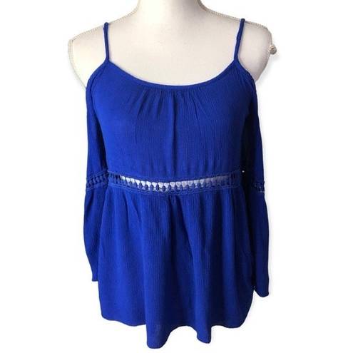 Emma’s Closet  Royal Blue Boho Cold Shoulder Embroidered Blouse