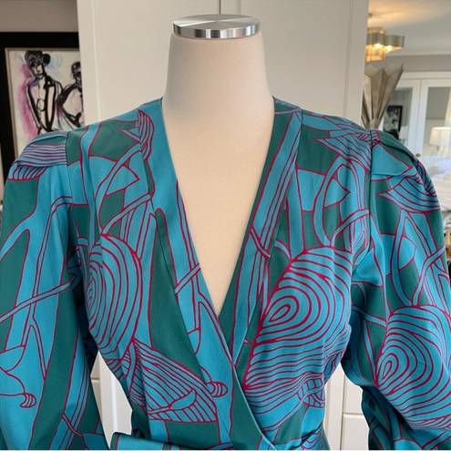 Alexis Sakura Blue Green Tropical Pleated Puff Sleeve Mini Dress sz XS $495