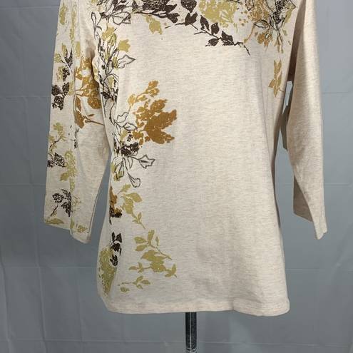 Coldwater Creek  Three Quarter Sleeve Oatmeal Autumn Flock Tee Size Large