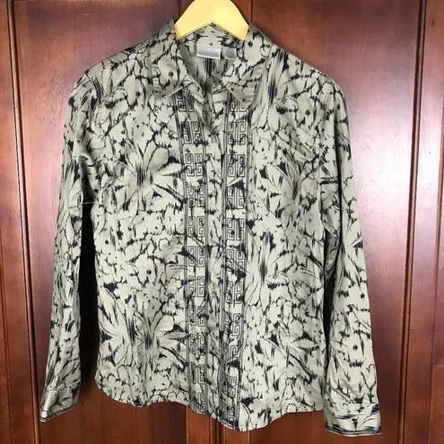 Chico's  Black Gray Floral Print Embroider Long Sleeve Button Shirt