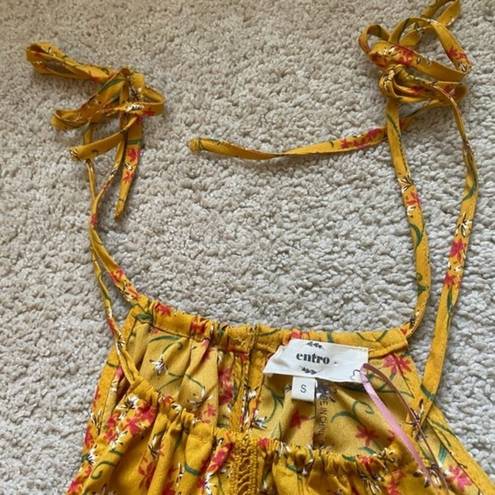 Entro  Golden Ruffled Floral Summer Dress with Tie Straps