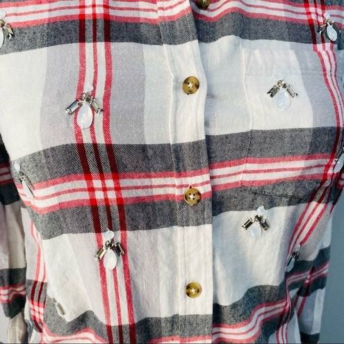 SO Sz S Embellished Plaid Flannel Button Down Top