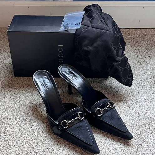 Gucci Black GG Canvas and Leather Horse-Bit Pointed Mules Women’s Size 8