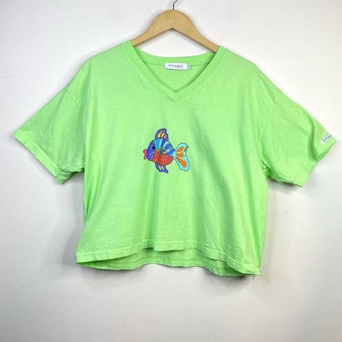 Fresh Produce Green Fish Cropped V Neck Short Sleeve T shirt Top womens One size