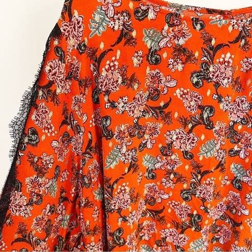 Jason Wu J  Long Sleeve Foil Print Woven Blouse w/ Lace Trim Size 2X Orange Red