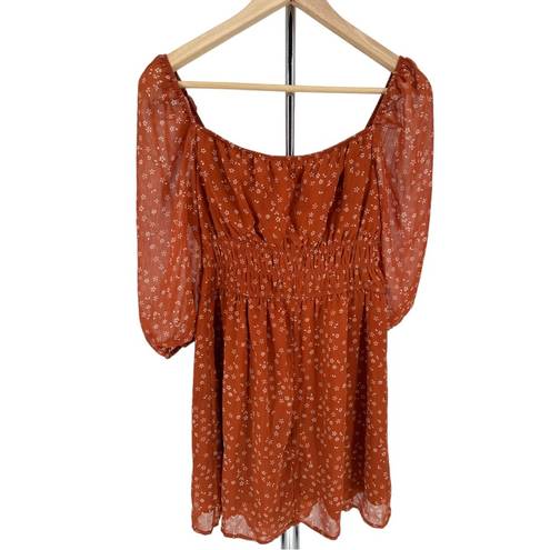 The Row  A Rust Mini Floral Smocked Waist Elbow Sleeve Mini Dress size Medium