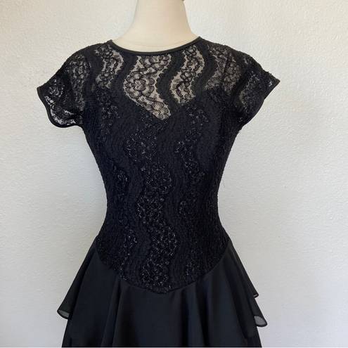 Rhapsody Vintage 80s Solid Black Lace Drop Waist Ruffle Skirt Short Sleeve Cocktail Dress