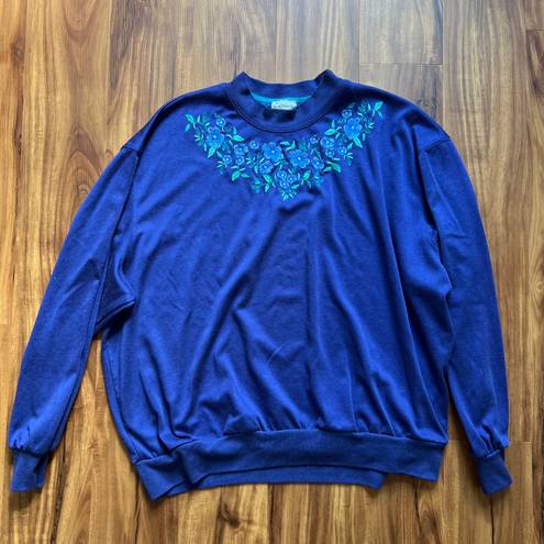 Bonworth Vintage cottagecore blue mock neck sweater Bon Worth floral embroidery yoke