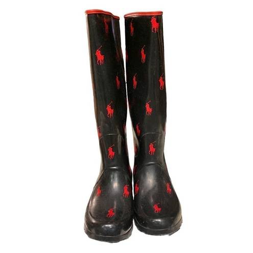 Polo Ralph Lauren Knee-High Rubber Wellies Rainboots Black Red Women, Size 6.5