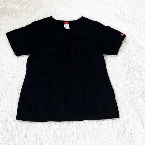 Dickies  womens faux wrap v neck black scrub top pockets stretch short sleeve s