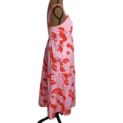 J.Crew  factory Squareneck tiered starfish and lobster print midi dress pink sz 4