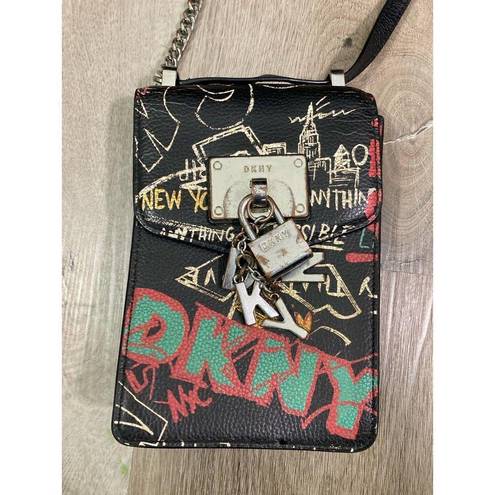 DKNY  Elissa Graffiti Leather Crossbody Bag Black Silver Chain NYC Theme Lock