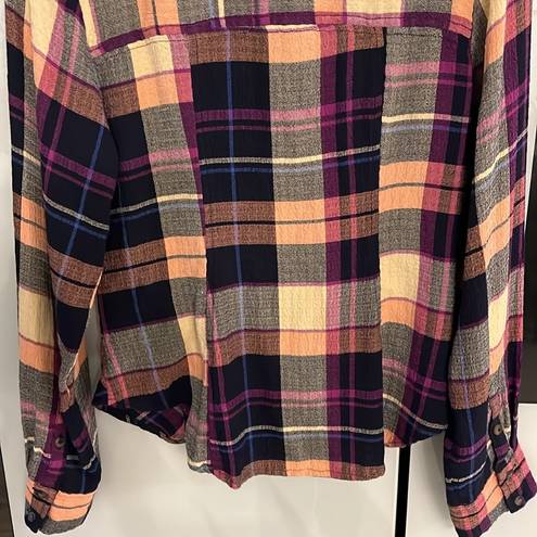 Pilcro  Anthropologie Ruched Deep V Plaid button down shirt sz Small