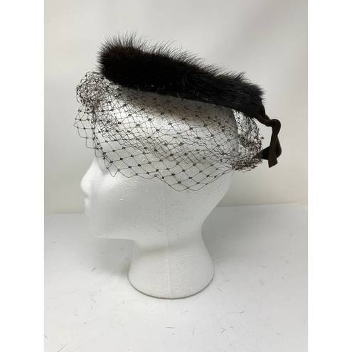 Pacific&Co Vintage G. Fox &  Fascinator Hat Brown Fur and Mesh Netting Bow Back