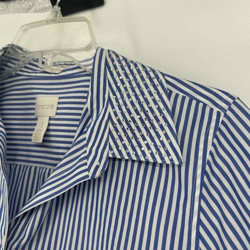 Chico's  1 Size M No Iron Button Front Tunic Top Blue Stripe Bedazzled Collar