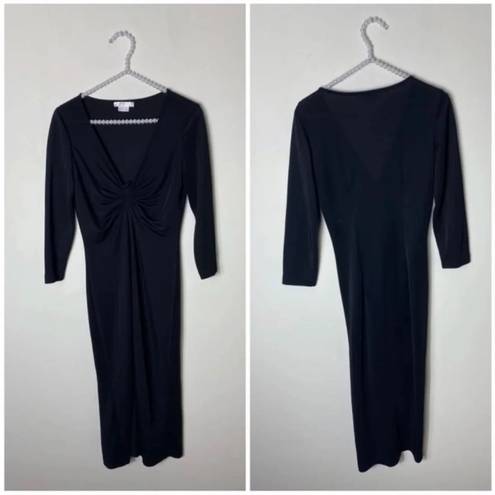 London Times  Black LBD Ruched Sheath Plunge V-Neck Slinky Dress Size 6 Medium