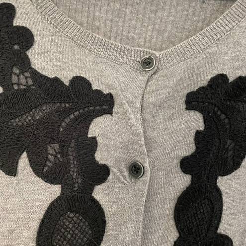CAbi  Applique Cardigan style 100 Gray Black Crochet Cotton Button Down Sweater S