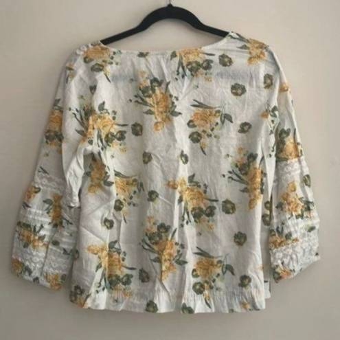 True Craft  White and Yellow Floral Print Lace Trim Blouse Shirt