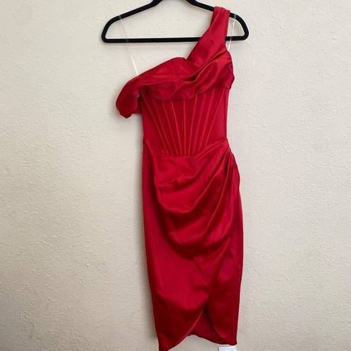 House Of CB  “Lulu” Red Asymmetric Drape Midi Corset Dress NWOT size XS