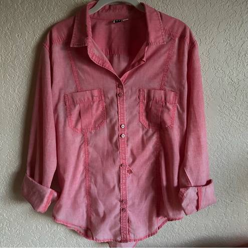 Roxy  Pink Sleeve Lightweight Long / Tab Button Down Shirt Size XL