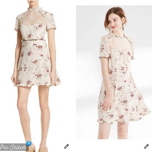 The Kooples  Silk Cream Floral Lace Inset Ruffle Dress