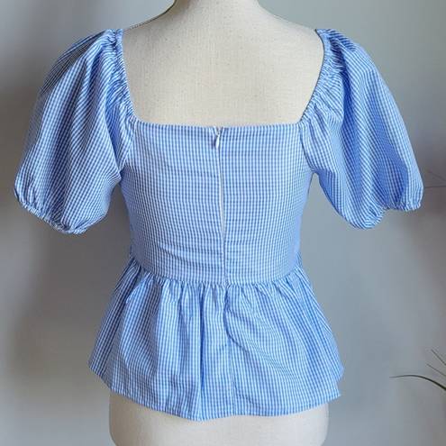 English Factory Nordstrom,  New Blue Gingham Peplum Puff Sleeve Top Size Small