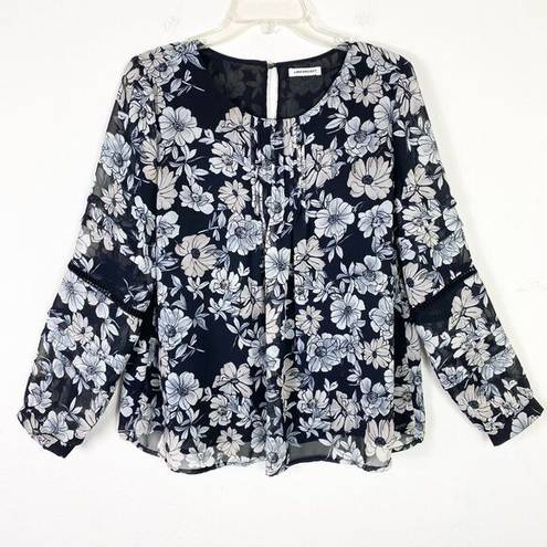 Luna  Project Black & White Floral Long Sleeve Pintucked Blouse Size M