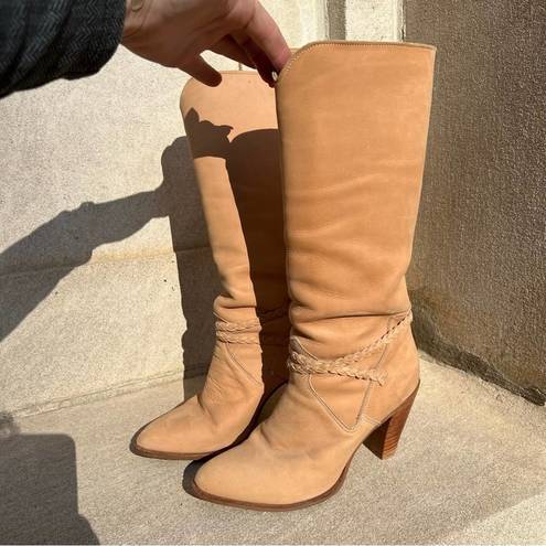 Dingo Vintage  80s high heeled suede yellow tan leather braid detail boots