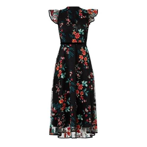 Hunter Bell Rent the runway sz 4  black floral lace multi color midi dress tulle