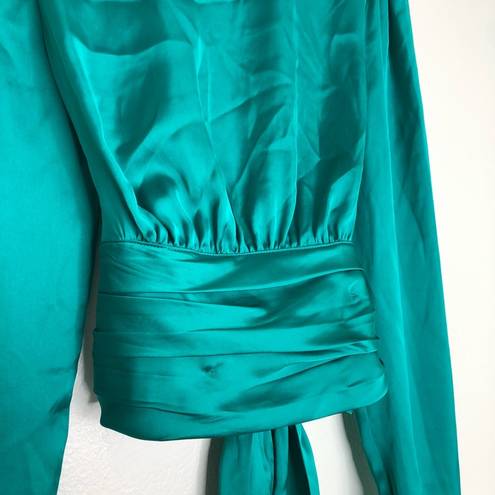 Slate + Willow  Green Satin Crop Top Long Sleeve Open Back Big Bow