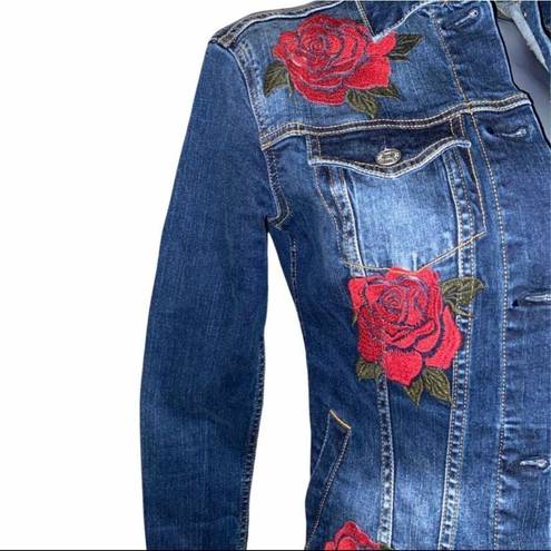 LuLaRoe Womens  Jaxon Red Rose Embroidered Rodeo Denim Jean Jacket - Sz XXS