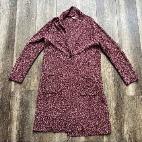 J.Jill  Long Cardigan Sweater Duster Burgundy Red Knit One Button Cardigan Small