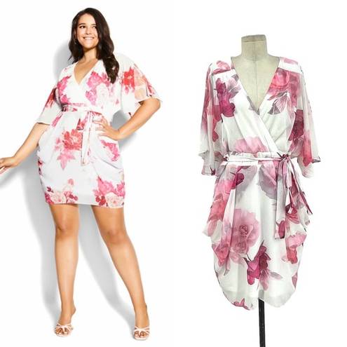 City Chic  Sakura Floral Short Sleeve Wrap Dress White Pink Plus Size 16