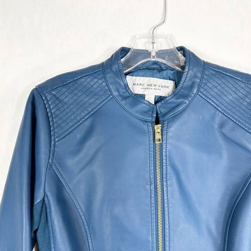 Marc New York  Small Jacket Faux Leather Blue Full Zip Moto Lined Pockets 1520