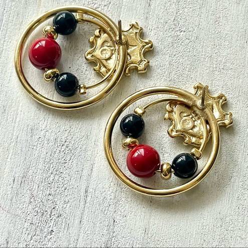 Black Bead Gold tone red and  post earrings