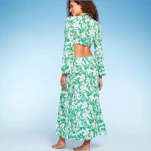 Shade & Shore  long sleeve green and white twist front maxi cover up size XL