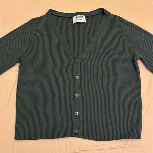 Old Navy Women's Cropped Button Down Rib Knit Top Green Size M Long Sleeve