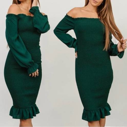 Baltic Born  Esther Smocked Ruffle Hem Midi Dress Emerald Green Size 1XL