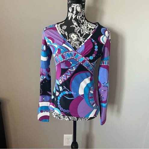 Emilio Pucci  Colorful Iconic Signature Print Top Blouse Size 6 long sleeve