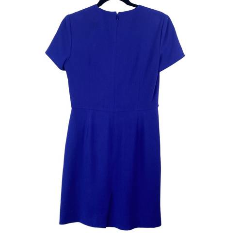 Carolina Herrera  Women's Blue V Neck Short Sleeve Draped Waist Wool Dress Sz 6