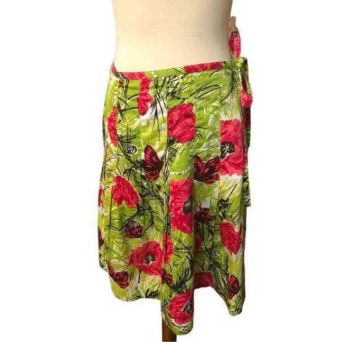 Talbots  Poppy Butterfly Floral Green and Red Pleated Cotton Skirt 4P