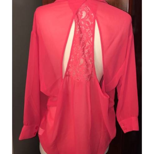 Kirra  - Coral sheer button blouse with lace back